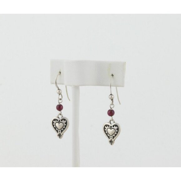 Sterling Silver Garnet Heart Earrings Dangle Drop 1 1/2" x 3/8" - Picture 5 of 7